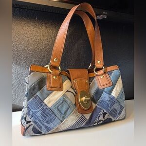 Vintage Coach Patchwork Denim bag with brown leather trim!